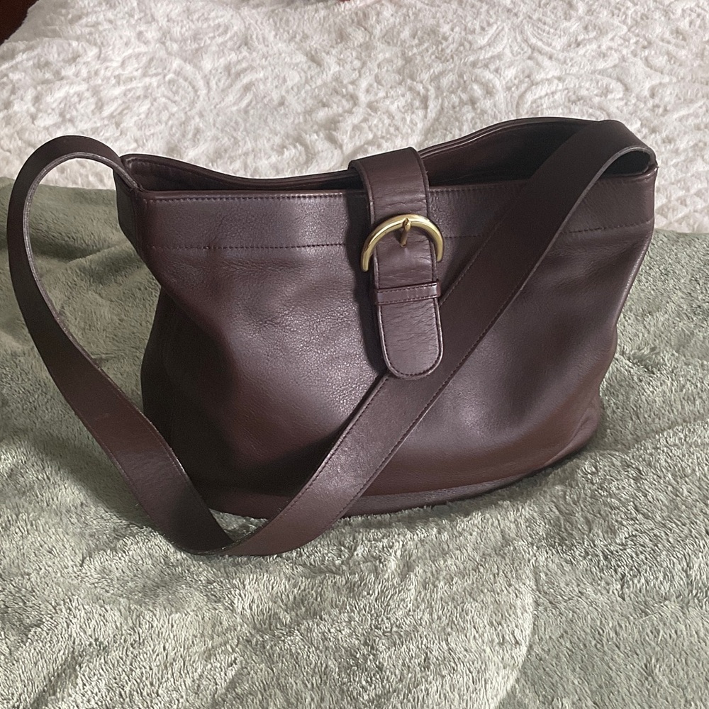 Coach Dark Brown Leather Shoulder Bag with Gold Buckle Vintage
